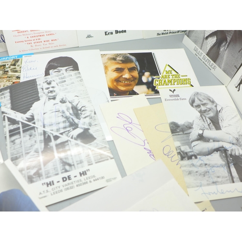 877 - A collection of celebrity publicity photographs and autographs including Harry Corbett and Sooty, Pe... 