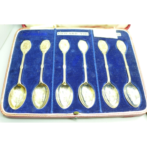 882 - Six silver tea spoons with sugar bows, Sheffield 1912, 109g, and six plated Kings of Britain 1936 sp... 