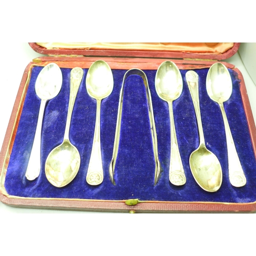 882 - Six silver tea spoons with sugar bows, Sheffield 1912, 109g, and six plated Kings of Britain 1936 sp... 