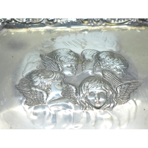 897 - A silver tray with Reynolds Angels detail, Birmingham 1909, 149g, 19cm x 26.5cm