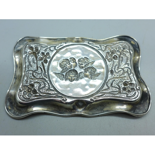 902 - A silver pin or card tray with Reynolds Angels detail, Birmingham 1904, 34g, 6.5cm x 10.5cm