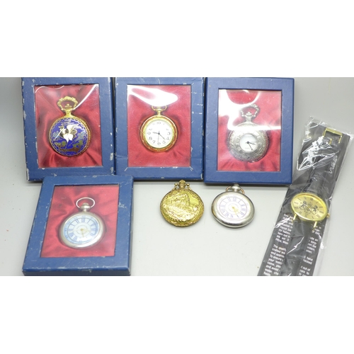 923 - Six pocket watches, (four boxed), and a wristwatch