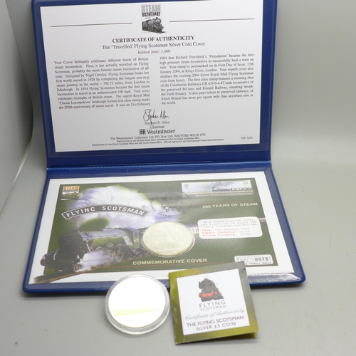 924 - A Flying Scotsman 200 Years of Steam commemorative £5 coin cover, and a Flying Scotsman silver £5 co... 