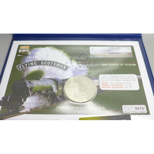 924 - A Flying Scotsman 200 Years of Steam commemorative £5 coin cover, and a Flying Scotsman silver £5 co... 