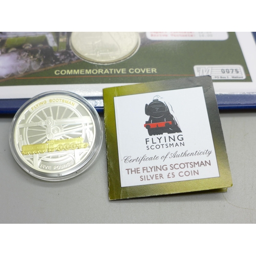 924 - A Flying Scotsman 200 Years of Steam commemorative £5 coin cover, and a Flying Scotsman silver £5 co... 