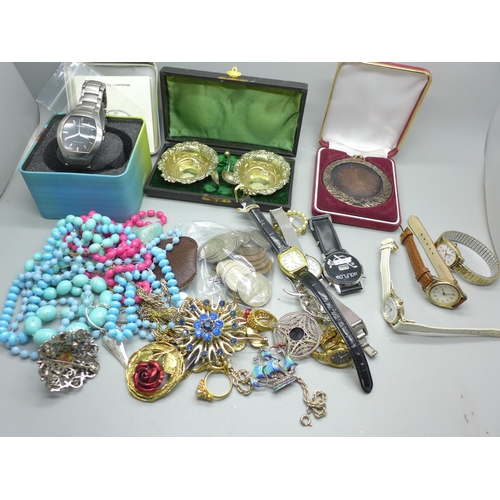 949 - Coins, wristwatches, costume jewellery and a pair of plated salts