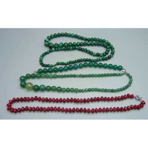 968 - A rubellite necklace, an emerald necklace, a malachite necklace and a prase bracelet, 208g, longest ... 