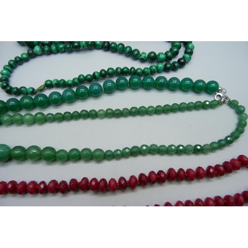 968 - A rubellite necklace, an emerald necklace, a malachite necklace and a prase bracelet, 208g, longest ... 