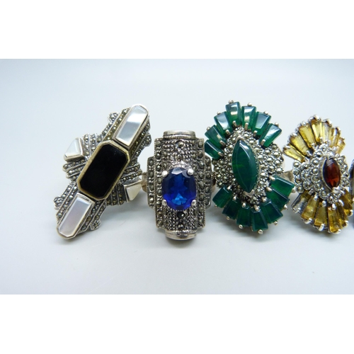 971 - Six large chunky silver Art Deco style rings set with smoky quartz, citrine, onyx and marcasite, 76g