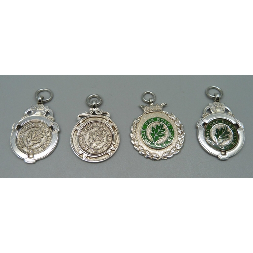 986 - Four silver fobs, Broad Oak Road Club, two enamelled, all with inscriptions to reverse, 34g