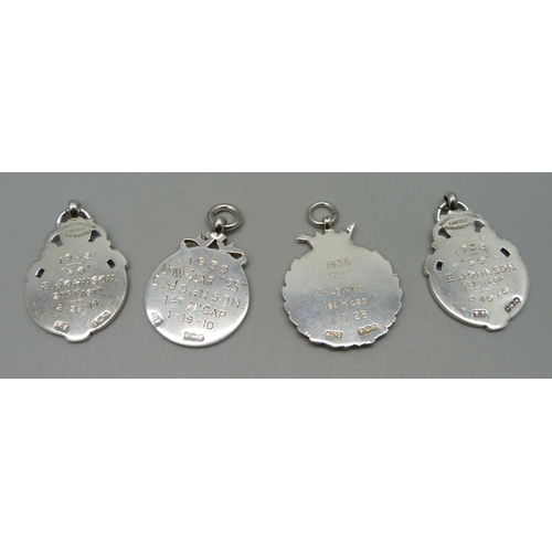 986 - Four silver fobs, Broad Oak Road Club, two enamelled, all with inscriptions to reverse, 34g