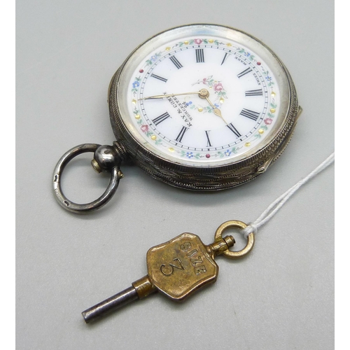 987 - A .935 silver cased fob watch with enamel dial marked Kay & Company, with key