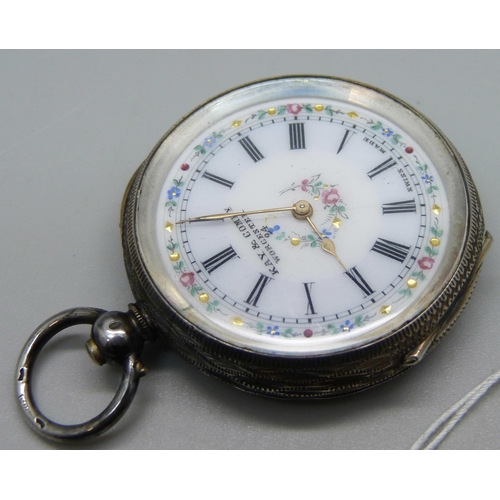 987 - A .935 silver cased fob watch with enamel dial marked Kay & Company, with key