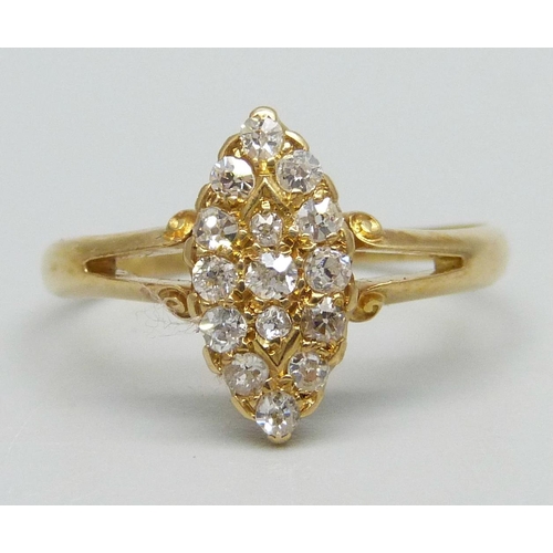 998 - A Victorian 18ct gold and diamond marquise shaped ring, Birmingham 1897, 2.9g, S