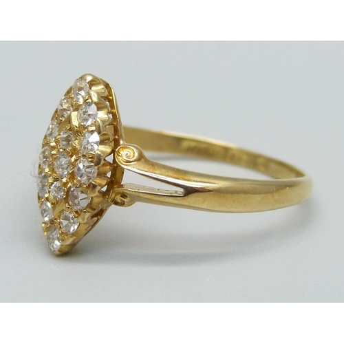 998 - A Victorian 18ct gold and diamond marquise shaped ring, Birmingham 1897, 2.9g, S