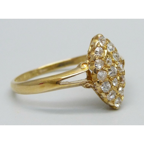 998 - A Victorian 18ct gold and diamond marquise shaped ring, Birmingham 1897, 2.9g, S