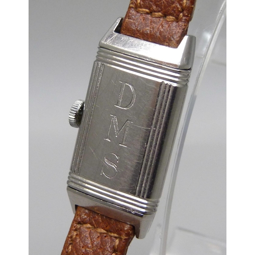 999 - A lady's Jaeger-LeCoultre Reverso wristwatch, inscription to reverse 'DMS'