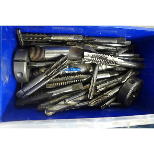 2068 - Assorted engineering tools including morse taper bits, taps and dies, and tool vice