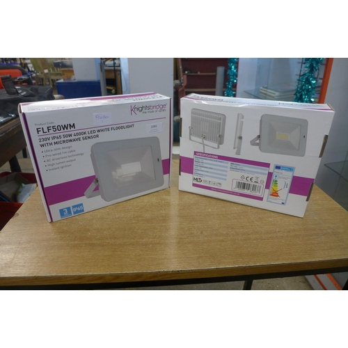 2086 - 2 Knightsbridge LED white floodlights with microwave sensor - boxed & unused, (model FLF50WM)