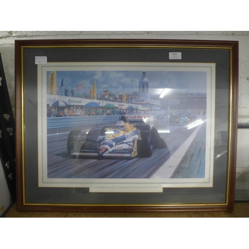 2091 - A 1988 Williams formula one car at the Hockenheim circuit framed print