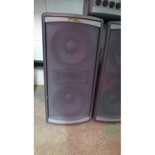 2185 - Two Kustom profile system speakers (model:- KP5-L5200) and Kustom stereo powered mixer (model:- KPS-... 