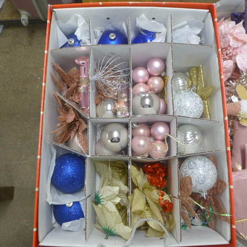 2380 - A large quantity of Christmas decorations including baubles, tree skirts, tinsel, etc.