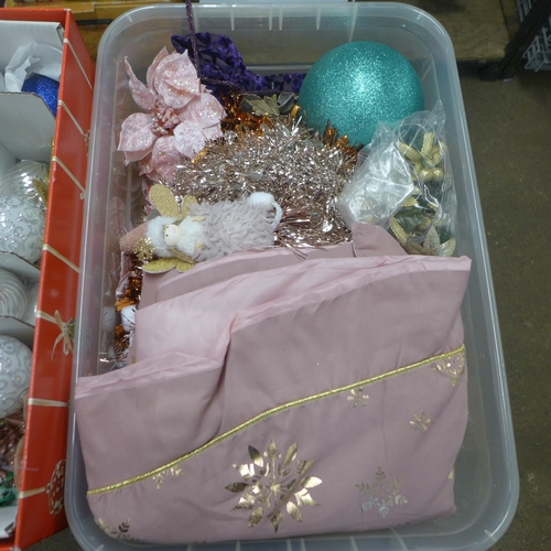 2380 - A large quantity of Christmas decorations including baubles, tree skirts, tinsel, etc.