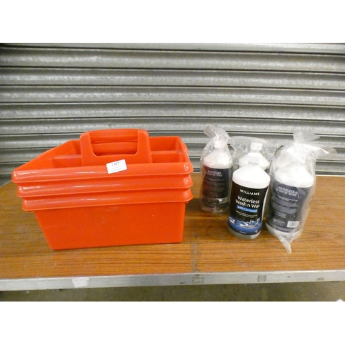 2307 - A box of Williams Racing Waterless Wash N' Wax (five bottles) and three plastic tool cadies