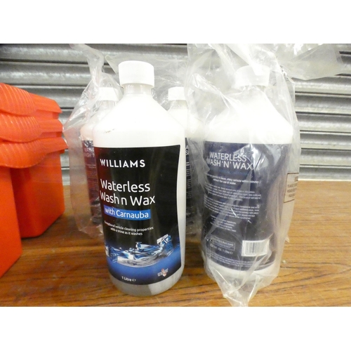 2307 - A box of Williams Racing Waterless Wash N' Wax (five bottles) and three plastic tool cadies