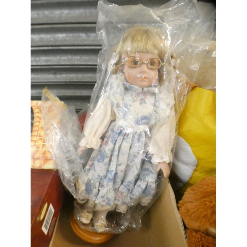 2315 - A box of dolls and soft toys, boxed & bagged