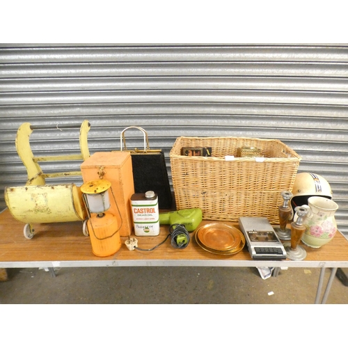 2321 - A quantity of vintage items; pottery, handbag, doll's pram, oil can and metalware