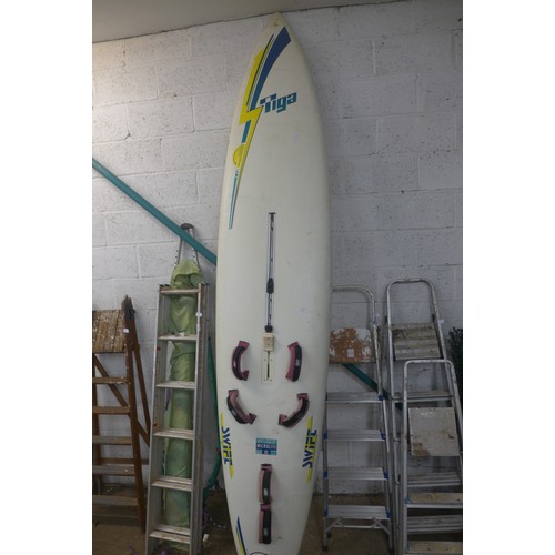 2215 - A Swift Piga wind surfing board with sail, poles, etc.