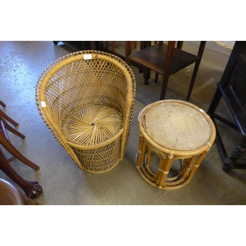 112 - A child's wicker chair and a bamboo nest of tables