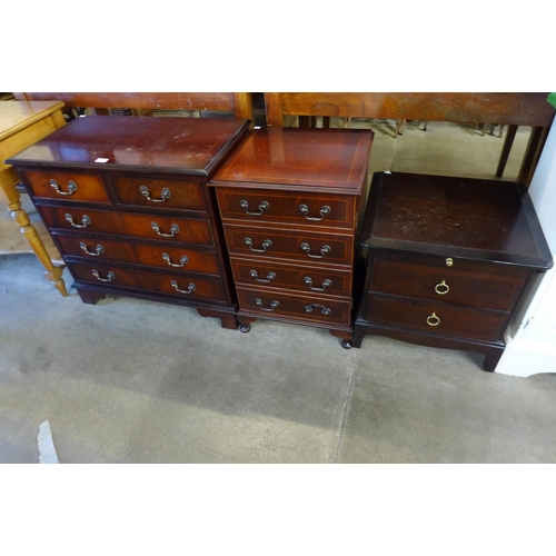 141 - A mahogany chest of drawers, a stereo cabinet and a Stag Minstrel bedside table