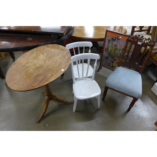 174 - A Victorian elm oval tripod table, two Victorian painted child's chairs, etc. (5)