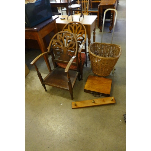 178 - A pair of beech armchairs and a wicker trolley, etc.