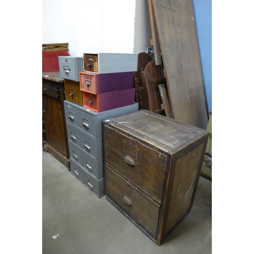 180 - Nine industrial metal index drawers and a stained pine two drawer chest