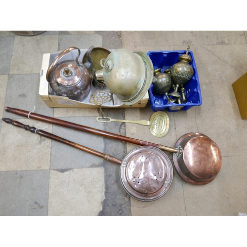 205 - Metalware; two warming pans, a large kettle, a/f, a pair of brass candlesticks, trivet, etc.