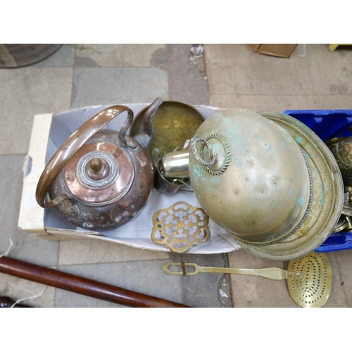 205 - Metalware; two warming pans, a large kettle, a/f, a pair of brass candlesticks, trivet, etc.