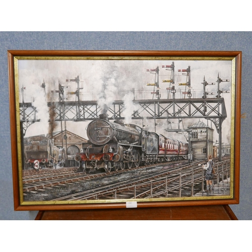 240 - David Wright (20th Century), Spotter at North -Derby Railway Station, oil on board, framed