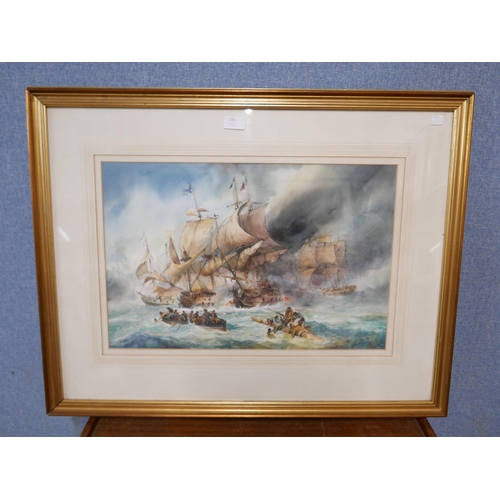 250 - English School, Napoleonic Naval battle scene, watercolour, indistinctly signed, framed