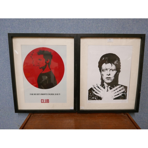 261 - B. Mannis, print of David Bowie and a Fight Club film print, framed