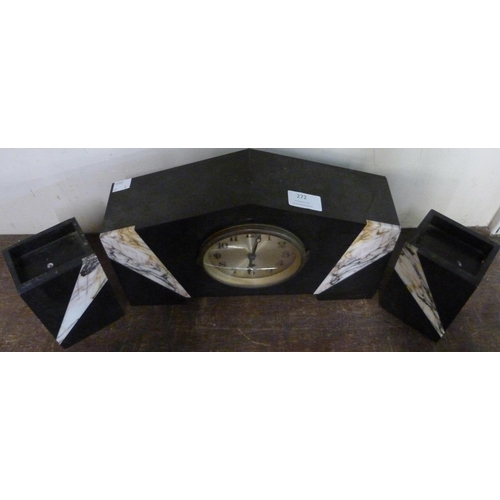 272 - A French Art Deco black slate and marble clock garniture