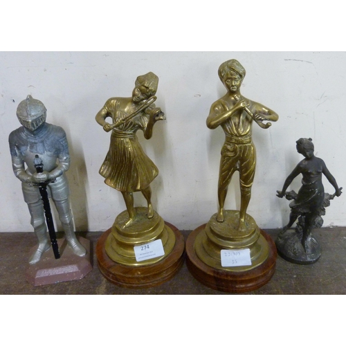 274 - A pair of brass figures of musicians on wooden bases and two other figures of a lady and a knight