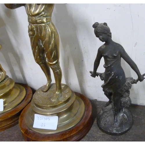 274 - A pair of brass figures of musicians on wooden bases and two other figures of a lady and a knight