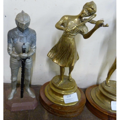 274 - A pair of brass figures of musicians on wooden bases and two other figures of a lady and a knight