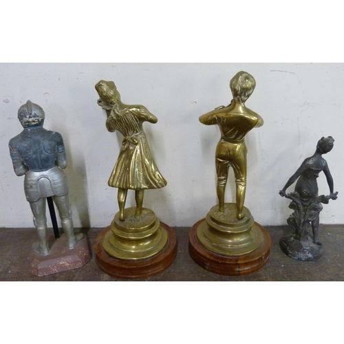 274 - A pair of brass figures of musicians on wooden bases and two other figures of a lady and a knight