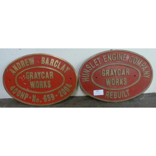 292 - Two metal railway Graycar Works plaques, Hunslet Engine Company and Andrew Barclay