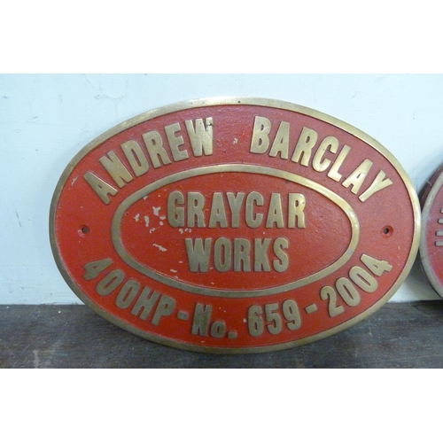 292 - Two metal railway Graycar Works plaques, Hunslet Engine Company and Andrew Barclay