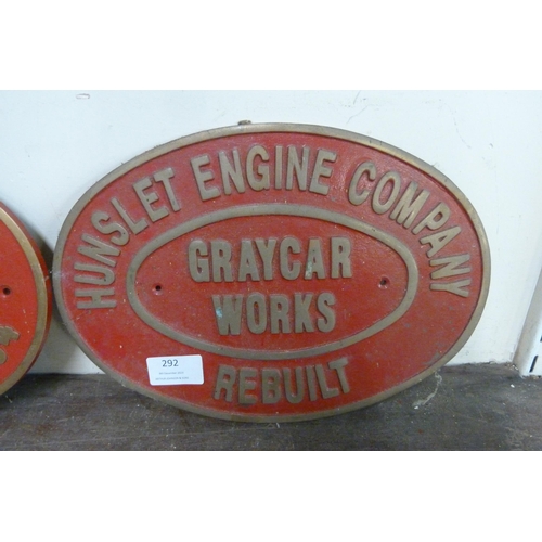 292 - Two metal railway Graycar Works plaques, Hunslet Engine Company and Andrew Barclay